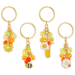 Superfindings 1 ensemble fleur/abeille/jus d'orange alliage émail pendentif porte-clés, avec des perles acryliques, pour voiture sac pendentif décoration porte-clés, motif de tournesol, 7.9 cm, 4 pcs / boîte