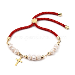 Adjustable Nylon Cord Slider Bracelets, Bolo Bracelets, with Natural Pearl Beads, 304 Stainless Steel Cross Charms and Brass Beads, Red, Inner Diameter: 1-5/8~3-7/8 inch(4~10cm)