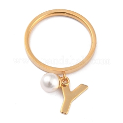 Dual-use Items, 304 Stainless Steel Finger Rings or Pendants, with Plastic Round Beads, Golden, White, Letter.Y, US Size 5~9(15.7~18.9mm)
