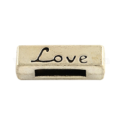 Tibetan Style Alloy Slide Charm Beads, Lead Free, Rectangle with Word(Love), Antique Silver, 18x6x5mm, Hole: 10x2mm, about 438pcs/1000g