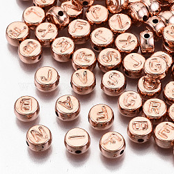 Abalorios de plástico CCB, agujero horizontal, plano y redondo con la letra, oro rosa, 7x4mm, agujero: 1.8 mm