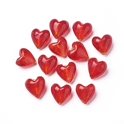 Handgemachte Glasperlen Goldfolie, Herz, rot, 20x20x13 mm, Bohrung: 2 mm