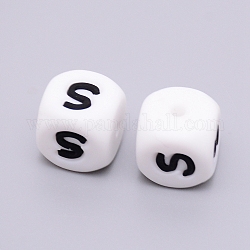 Perlas de silicona, cubo con letter.s, blanco, 12x12x12mm, agujero: 2 mm