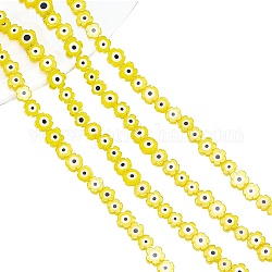 Nbeads 2 fili 2 fili di perline di lampwork fatti a mano in stile, fiore con malocchio, giallo, 6~9x6~9x3mm, Foro: 0.7~0.8 mm, circa 63~65pcs/filo, 14.57 pollice ~ 15.94 pollici (37~40.5 cm), 1 capo/stile
