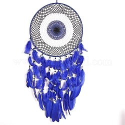Evil Eye Woven Web/Net with Feather Wall Hanging Decorations, with Iron Ring, for Home Bedroom Decorations, Blue, 900mm
