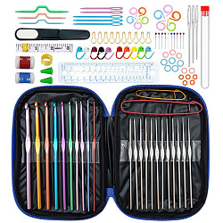 Kit de herramientas de arte artesanal para tejer a mano diy para principiantes, con estuche de almacenamiento, conjunto de agujas de crochet, agujas de tejer, marcador de puntada de agujas, tijera, azul, 18.5x13.5x2 cm