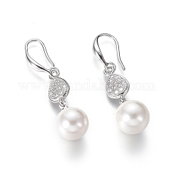 Concha de perla pendientes colgantes, con lágrima de circonita cúbica, Perlas y gancho para pendientes de latón, redondo, Platino, 40mm, pin: 1 mm