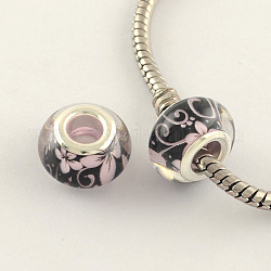 Europäische Perlen aus Harz mit großem Loch und Blumenmuster, mit silberner Farbe Messing Doppelkerne, Rondell, rosa, 14x9 mm, Bohrung: 5 mm