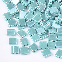 2-trou perles rocailles en verre opaque, lustered, rectangle, turquoise moyen, 5x4.5~5.5x2~2.5mm, Trou: 0.5~0.8mm