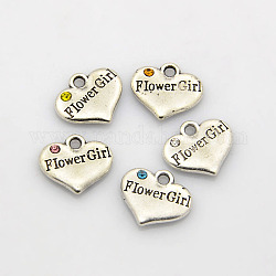 Wedding Party Supply Antique Silver Alloy Rhinestone Heart Carved Word Flower Girl Wedding Family Charms, Cadmium Free & Lead Free, Mixed Color, 13.5x16x3mm, Hole: 2.5mm