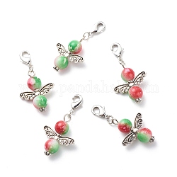 Two-Tone Spray Painted Resin Round Beaded Pendant Decorations, Angel Clip-on Charms, with Brass Lobster Claw Clasps and Alloy Wing Charms, Antique Silver, 41mm