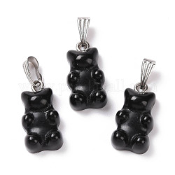 Natürliche schwarze Onyx-Anhänger, mit Edelstahlfarbton 201 Edelstahlbefund, Bär, gefärbt und erhitzt, 27.5 mm, Bohrung: 2.5x7.5 mm, tragen: 21x11x6.5 mm