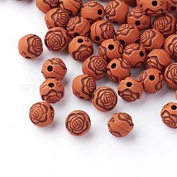 Perles acryliques de bois imitation, ronde avec des fleurs, selle marron, 8mm, Trou: 1.5mm, environ 2000 pcs/500 g