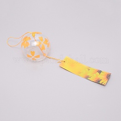 Japanese Round Painting Glass Wind Chimes, with Polyester Cord, Plastic Beads, Rectangle Paper Card, Floral Pattern, 400mm
