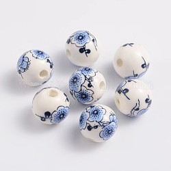 Handmade Printed Porcelain Beads, Round, Blue, 12mm, Hole: 3mm