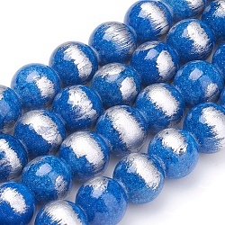Natural Jade Beads Strands,  Brushed Silver Color, Dyed, Round, Blue, 4mm, Hole: 0.8mm, about 90pcs/strand, 15.7 inch(40cm)