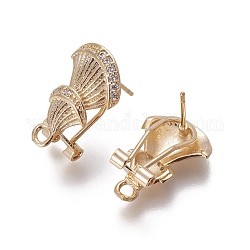 Brass Micro Pave Cubic Zirconia Stud Earring Findings, French Clip Earrings, with Loop, Shell, Clear, Golden, 18.5x12x8.5mm, Hole: 2mm, Pin: 0.7mm