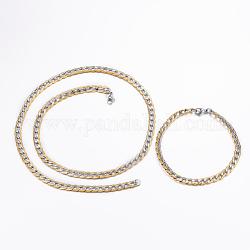 Kits de bijoux en 304 acier inoxydable, bracelets et colliers de gourmette texturés, avec fermoir pince de homard, or et acier inoxydable Couleur, 23.62 pouce (60 cm), 8-5/8 pouce (220 mm)