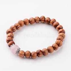 Holz Stretch-Armbänder, mit natürlichen Rosenquarz Perlen und Metall Zubehör, rosa, 55 mm