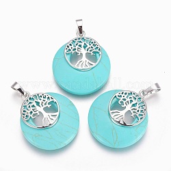Synthetic Turquoise Pendants, with Platinum Tone Brass Findings, Flat Round with Tree of Life, Dyed, 32.5~33x27.5~28x5~6mm, Hole: 5x7mm
