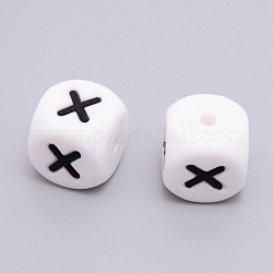Perles de silicone, cube avec letter.x, blanc, 12x12x12mm, Trou: 2mm
