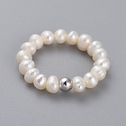 Natural Cultured Freshwater Pearl Finger Rings, with Brass Round Beads and Elastic Crystal Thread, Platinum, Size 6, 16mm