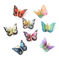 Pendentifs en résine transparente, Breloques papillon avec des strass en cristal en alliage plaqué or, couleur mixte, 17~17.5x21~24x6~7mm, Trou: 1.4mm