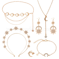 ANATTASOUL Moon & Star & Sun Rhinestone Jewelry Set, Alloy Dangle Earrings & Chain Belt & Open Cuff Rings & Charm Bracelet & Cable Chains Lariat Necklace & Layer Hair Bands, Golden, 169mm