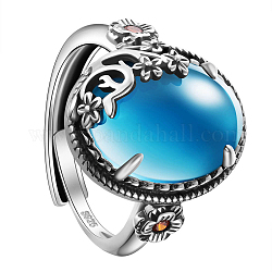 Shegrace 925 anelli regolabili in argento sterling, con il grado aaa zirconi, ovale con fiore, argento antico, cielo blu profondo, taglia 9 degli stati uniti, diametro interno: 19mm