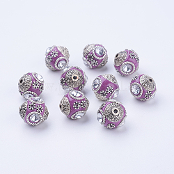 Handmade Indonesia Round Beads, with Glass Cabochons and Antique Silver Metal Color Double Alloy Cores, Orchid, 14~15x15~16mm, Hole: 2mm