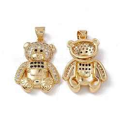 Brass Micro Pave Cubic Zirconia Pendants, Bear Charm, Real 18K Gold Plated, Black & Clear, 24.5x18x4.5mm, Hole: 4x3mm