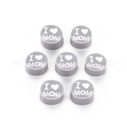 Abalorios de arcilla polimérica hechos a mano, tema del día de la madre, plano y redondo con la palabra amo a mamá, gris claro, 8~9.5x3.5~4.5mm, agujero: 1.5 mm
