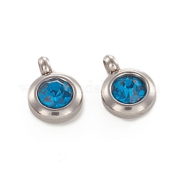 Trendy Original Color 304 Stainless Steel Faceted Grade A Rhinestone Flat Round Charms Pendants, April Birthstone Charms, Stainless Steel Color, Indicolite, 9x6.5x4mm, Hole: 2mm
