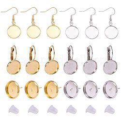 Brass Earring Hooks, with Blank Pendant Trays, Flat Round, Mixed Color, Tray: 14x2mm, 20 Gauge, Pin: 0.8mm, 16pcs, Tray: 12mm, 12mm, 21 Gauge, Pin: 0.7mm, 8pcs12x14mm, Tray: 12mm, 8pcs, 25x14mm, Tray: 12mm, 16pcs, 4x4mm, Hole: 1mm, 30pcs