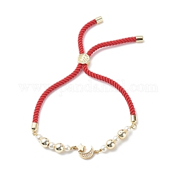 Clear Cubic Zirconia Moon & Star Link Slider Bracelet, Glass Pearl & Synthetic Hematite Beaded Adjustable Bracelet for Women, Red, Inner Diameter: 1-1/8~3-1/4 inch(2.9~8.4cm)