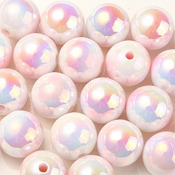 Placage uv perles acryliques irisées arc-en-ciel, ronde avec motif coeur, rose, 16x15mm, Trou: 3mm