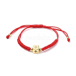 Bracelets de perles de nylon tressés réglables, bracelets ficelle rouge, avec des perles de zircone cubique micro-pavées en laiton doré, cube avec étoile, rouge, diamètre intérieur: 1~3-3/8 pouce (2.4~8.5 cm)