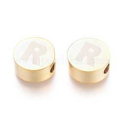 304 perline in acciaio inossidabile, piatta e rotonda con la lettera, letter.r, 10x4.5mm, Foro: 2 mm