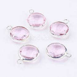 Silver Color Plated Brass Glass Flat Round Charms, Faceted, Pearl Pink, 12x8.5x3mm, Hole: 1.5mm