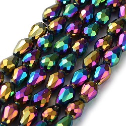 Fili di perle di vetro placcato, sfaccettato, lacrima, multicolore placcato, 12x8mm, Foro: 1 mm, circa 60pcs/filo, 27.5 pollice