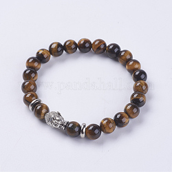 Natural Tiger Eye Beads Stretch Bracelets, with Alloy Finding, Buddha's Head, 2-1/8 inch(55mm)