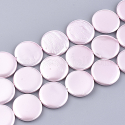 Shell Pearl Beads Strands, Spray Painted, Flat Round, Pink, 20x3mm, Hole: 1mm, about 20pcs/strand, 15.9 inch