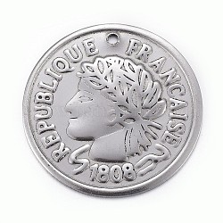 304 acero inoxidable colgantes de monedas, plano redondo con marianne y palabra republica francaise, plata antigua, 20x1mm, agujero: 1 mm