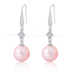 Pendientes de perlas con circonio cúbico, pendientes de gancho colgantes de perla de concha de agua dulce blanca, pendientes de aro con forma de bola redonda, regalo de joyería de latón para mujer, rosa, 42.5x12mm, pin: 0.8 mm