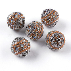 Perline  indonesia fatto a mano, con accessori metallico, placcato argento antico, tondo, arancione, 20~21x20mm, Foro: 1.8~2 mm