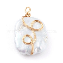 Pendentifs perle keshi perle baroque naturelle, avec un fil de cuivre, pépites, or clair, 26x16x6.5mm, Trou: 1.5mm
