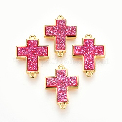 Connettori per maglie in ottone, con resina druzy, croce, oro, rosa intenso, 22x16x4~5mm, Foro: 1.2 mm