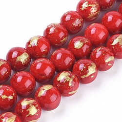 Chapelets de perles de jade naturel, une feuille d'or, teinte, ronde, rouge, 6mm, Trou: 1mm, Environ 70 pcs/chapelet, 15.75 pouce (40 cm)