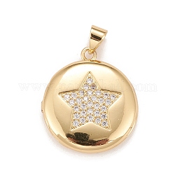 Brass Micro Pave Cubic Zirconia Locket Pendants, Photo Frame Charms for Necklaces, Real 18K Gold Plated, Lead Free & Cadmium Free, Flat Round with Star, Clear, 23x20x5mm, Hole: 4x3mm, Inner Diameter: 15mm