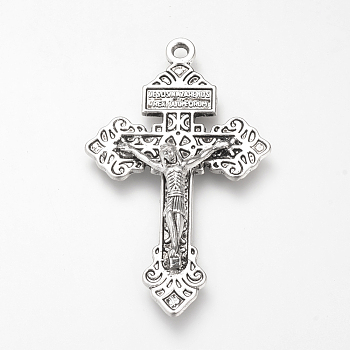 Aleación de estilo tibetano grandes colgantes, para la Pascua, crucifijo cruz con la palabra, sin plomo y cadmio, plata antigua, 55.5x34x8mm, agujero: 3 mm